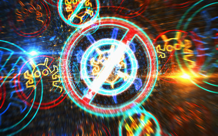 Antivirus cybersecurity warning symbol digital concept. Network, cyber technology sign and computer background abstract icon 3d illustration.の写真素材