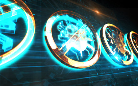Antivirus cybersecurity warning symbol digital concept. Network, cyber technology sign and computer background abstract icon 3d illustration.の写真素材