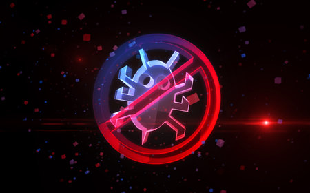 Antivirus cybersecurity warning symbol digital concept. Network, cyber technology sign and computer background abstract icon 3d illustration.の写真素材