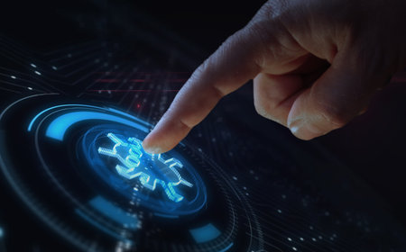 Antivirus cybersecurity warning symbol digital abstract 3d concept. Finger touch screen. cyber technology and network background. Man pushes computer display.の写真素材