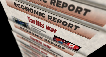 Tariffs war trade crisis vintage news and newspaper printing. Abstract concept retro headlines 3d illustration.の写真素材