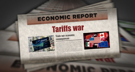 Tariffs war trade crisis vintage news and newspaper printing. Abstract concept retro headlines 3d illustration.の写真素材