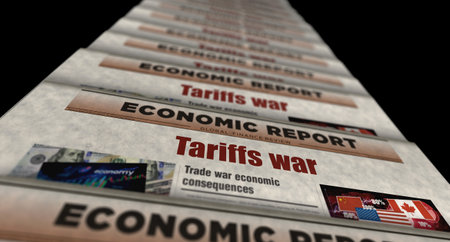 Tariffs war trade crisis vintage news and newspaper printing. Abstract concept retro headlines 3d illustration.の写真素材