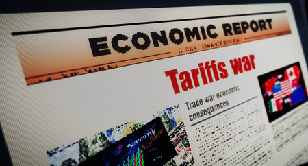Tariffs war trade crisis daily newspaper reading on mobile tablet computer screen. Man touch screen with headlines news abstract concept 3d illustration.の写真素材
