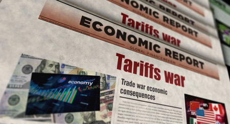 Tariffs war trade crisis vintage news and newspaper printing. Abstract concept retro headlines 3d illustration.の写真素材