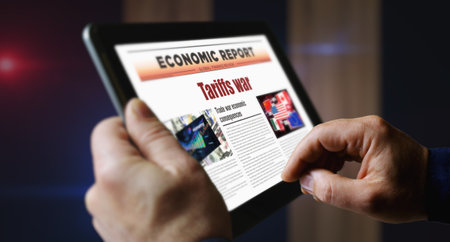 Tariffs war trade crisis daily newspaper reading on mobile tablet computer screen. Man touch screen with headlines news abstract concept 3d illustration.の写真素材
