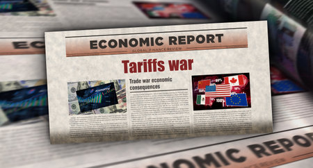 Tariffs war trade crisis vintage news and newspaper printing. Abstract concept retro headlines 3d illustration.の写真素材