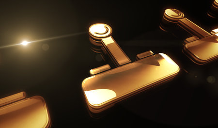 Joystick videogame and gaming golden metal shine symbol concept. Spectacular glowing and reflection light icon abstract object 3d illustration.の写真素材