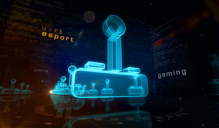 Joystick videogame and gaming symbol digital concept. Network, cyber technology and computer background abstract 3d illustration.の写真素材