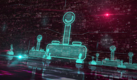 Joystick videogame and gaming symbol digital concept. Network, cyber technology and computer background abstract 3d illustration.の写真素材