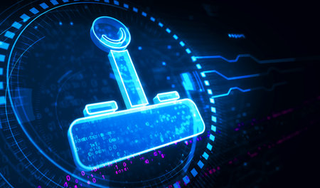 Joystick videogame and gaming symbol digital concept. Network, cyber technology and computer background abstract 3d illustration.の写真素材