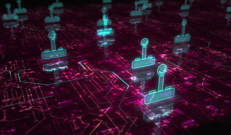 Joystick videogame and gaming symbol digital concept. Network, cyber technology and computer background abstract 3d illustration.の写真素材
