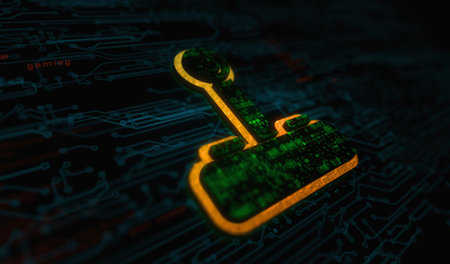 Joystick videogame and gaming symbol digital concept. Network, cyber technology and computer background abstract 3d illustration.の写真素材