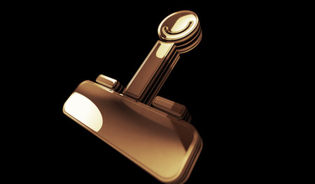 Joystick videogame and gaming golden metal shine symbol concept. Spectacular glowing and reflection light icon abstract object 3d illustration.の写真素材