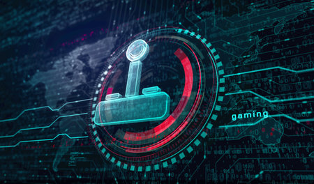 Joystick videogame and gaming symbol digital concept. Network, cyber technology and computer background abstract 3d illustration.の写真素材