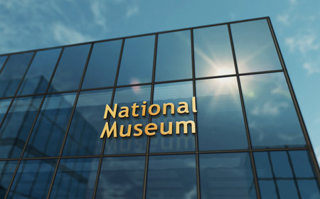 National museum glass building concept. Historical culture and art gallery symbol on front facade 3d illustration.の写真素材