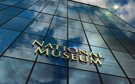 National museum glass building concept. Historical culture and art gallery symbol on front facade 3d illustration.の写真素材