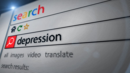 Depression and mental health crisis text typing on browser screen. Searching internet with monitor...