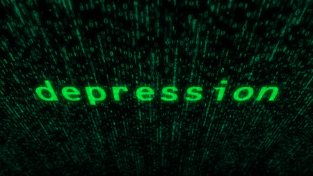 Depression and mental health crisis text typing on display screen. Searching with retro monitor pixel with glitch and noiseの写真素材