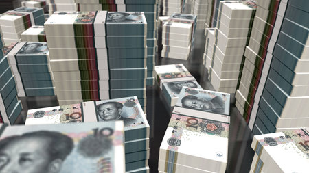 China money Chinese yuan money pack 3d illustration. This CNY banknote bundle stacks. Concept of finance, cash, economy crisis, business success, recession, bank, tax and debt.の写真素材