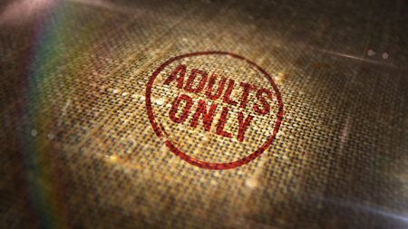 Adults only 18 plus age prohibition stamp printed on linen sack. Under eighteen restricted concepts.の写真素材
