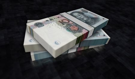 China money Chinese yuan money pack 3d illustration. This CNY banknote bundle stacks. Concept of finance, cash, economy crisis, business success, recession, bank, tax and debt.の写真素材
