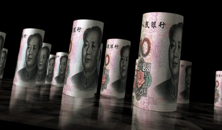 China money Chinese yuan money pack 3d illustration. This CNY banknote bundle stacks. Concept of finance, cash, economy crisis, business success, recession, bank, tax and debt.の写真素材