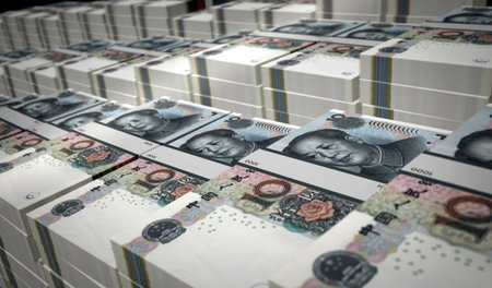 China money Chinese yuan money printing 3d illustration. This CNY banknote print. Concept of finance, cash, economy crisis, business success, recession, bank, tax and debt.の写真素材