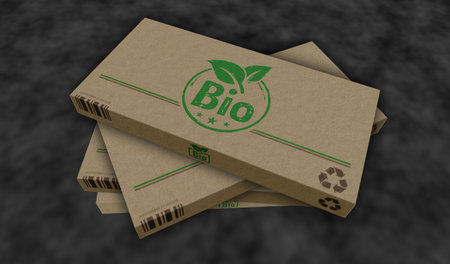 Bio organic box production line. Natural healthy food cardboard pack factory. Abstract concept 3d illustration.の写真素材
