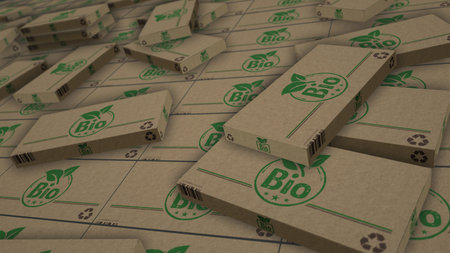 Bio organic box production line. Natural healthy food cardboard pack factory. Abstract concept 3d illustration.の写真素材