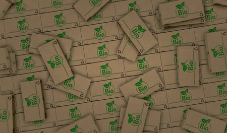 Bio organic box production line. Natural healthy food cardboard pack factory. Abstract concept 3d illustration.の写真素材