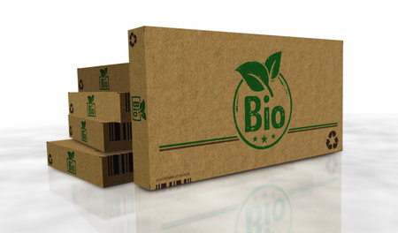 Bio organic box production line. Natural healthy food cardboard pack factory. Abstract concept 3d illustration.の写真素材