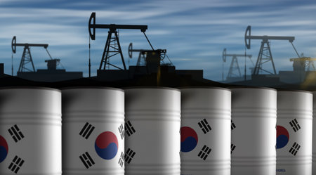 South Korea chemical and oil fuel barrels in row concept. South Korean petrol industrial containers 3d illustration.の写真素材