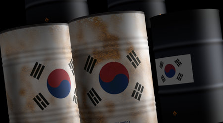 South Korea chemical and oil fuel barrels in row concept. South Korean petrol industrial containers 3d illustration.の写真素材