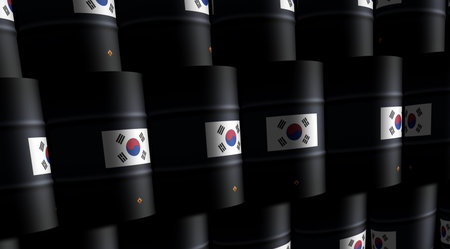 South Korea chemical and oil fuel barrels in row concept. South Korean petrol industrial containers 3d illustration.の写真素材