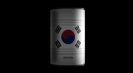 South Korea chemical and oil fuel barrels in row concept. South Korean petrol industrial containers 3d illustration.の写真素材