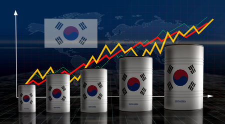 South Korea chemical and oil fuel barrels on growing chart. South Korean petrol industrial metal containers with increase statistic diagram 3d illustration.の写真素材