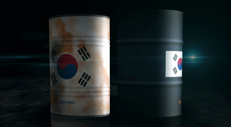 South Korea chemical and oil fuel barrels in row concept. South Korean petrol industrial containers 3d illustration.の写真素材