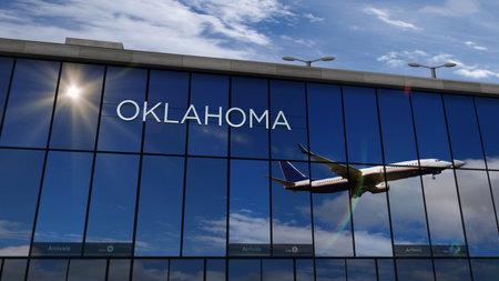 Aircraft landing at Oklahoma, USA, 3D rendering illustration. Arrival in the city with the glass airport terminal and reflection of jet plane. Travel, business, tourism and transport.の写真素材