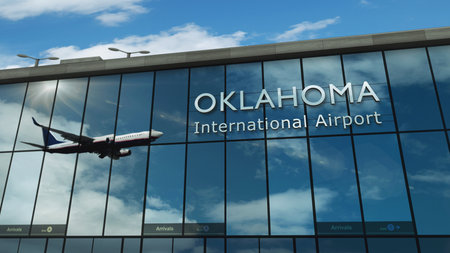 Aircraft landing at Oklahoma, USA, 3D rendering illustration. Arrival in the city with the glass airport terminal and reflection of jet plane. Travel, business, tourism and transport.の写真素材