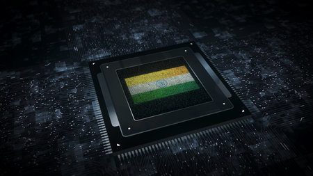 India digital technology flag cyber on on computer CPU in background. Indian banner cyberattack and espionage concept illustration.の写真素材