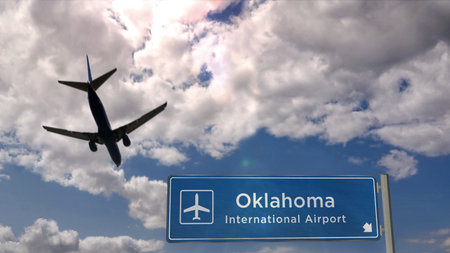 Airplane silhouette landing in Oklahoma, USA. City arrival with international airport direction signboard and blue sky. Travel, trip and transport concept 3d illustration.の写真素材