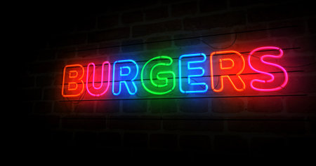 Burgers bar neon symbol. Hamburger fast food restaurant light color bulbs. Abstract concept 3d illustration.の写真素材
