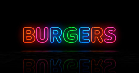Burgers bar neon symbol. Hamburger fast food restaurant light color bulbs. Abstract concept 3d illustration.の写真素材