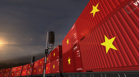 Vietnam export production and import containers on a freight wagons. Business concept of railway train transport and shipping with a Vietnamese flag 3D illustration.の写真素材