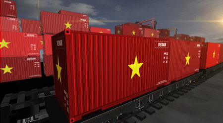 Vietnam export production and import containers on a freight wagons. Business concept of railway train transport and shipping with a Vietnamese flag 3D illustration.の写真素材