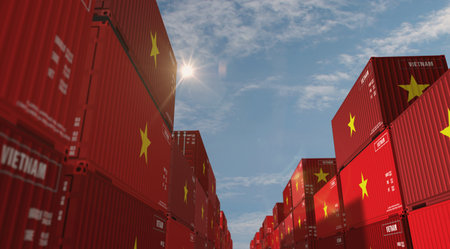 Vietnam export production and import cargo containers in row business concept. Vietnamese flag industrial shipping box 3d illustration.の写真素材