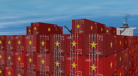 Vietnam export production and import containers on a cargo ship. Business concept of transport and shipping with a Vietnamese flag. 3D drone view illustration.の写真素材
