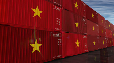 Vietnam export production and import cargo containers in row business concept. Vietnamese flag industrial shipping box 3d illustration.の写真素材