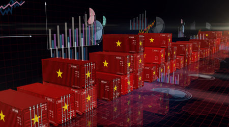 Vietnam export production and import cargo containers on charts and diagrams business concept. Vietnamese flag industrial shipping box 3d illustration.の写真素材